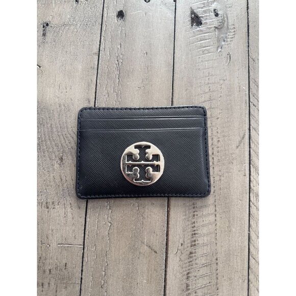 Tory Burch Black Leather Silver Logo Slim Card Holder Case Wallet - Picture 1 of 3